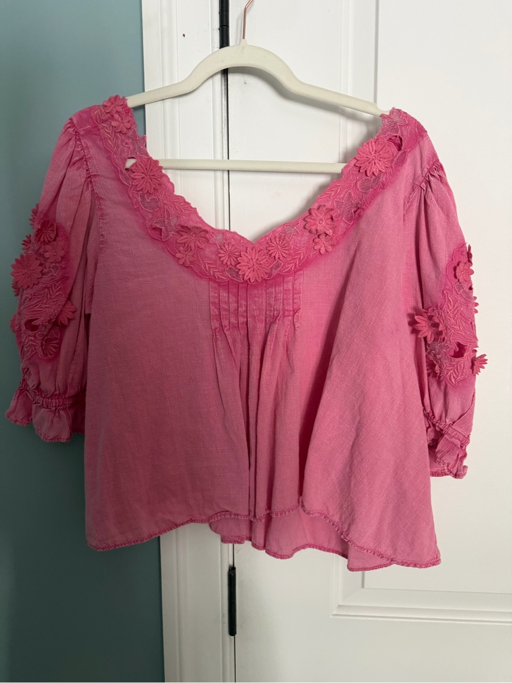 Free People Pink Floral-Appliqué Boho Peasant Top